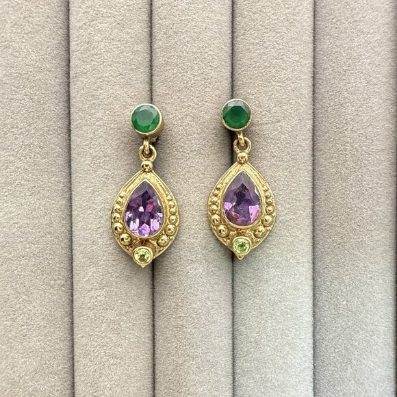 Nicky Butler Earrings Green Purple Drop Gold Vermeil over Sterling Silver 925 - Picture 2 of 10